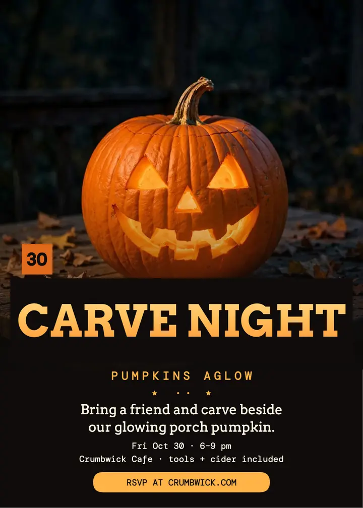 Crumbwick Cafe pumpkin carve night invite: halloween cafe invitation template