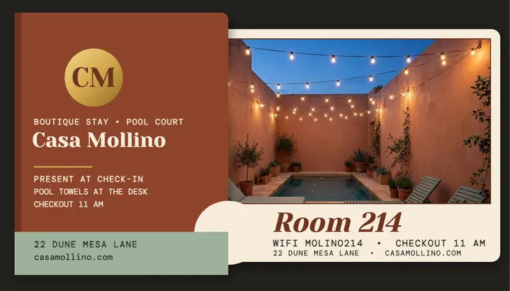 Casa Mollino key folder and pool card: hotel key card template