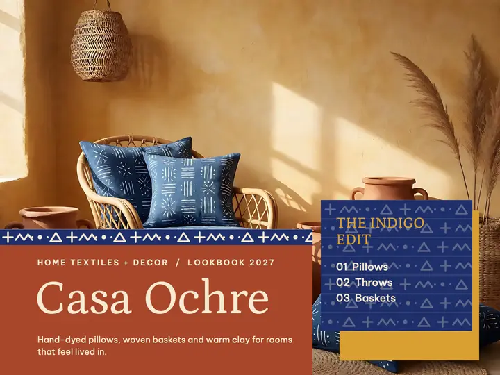Casa Ochre home lookbook title slide, afro-boho textile: home decor lookbook title slide template