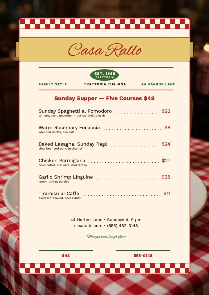 Casa Rallo Sunday supper menu flyer template