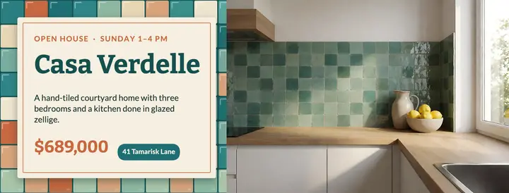 Casa Verdelle open house Facebook cover, zellige glaze template