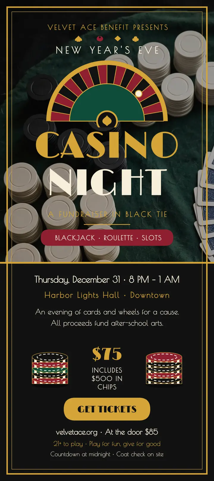 Velvet Ace casino night fundraiser rack card: casino night fundraiser rack card template