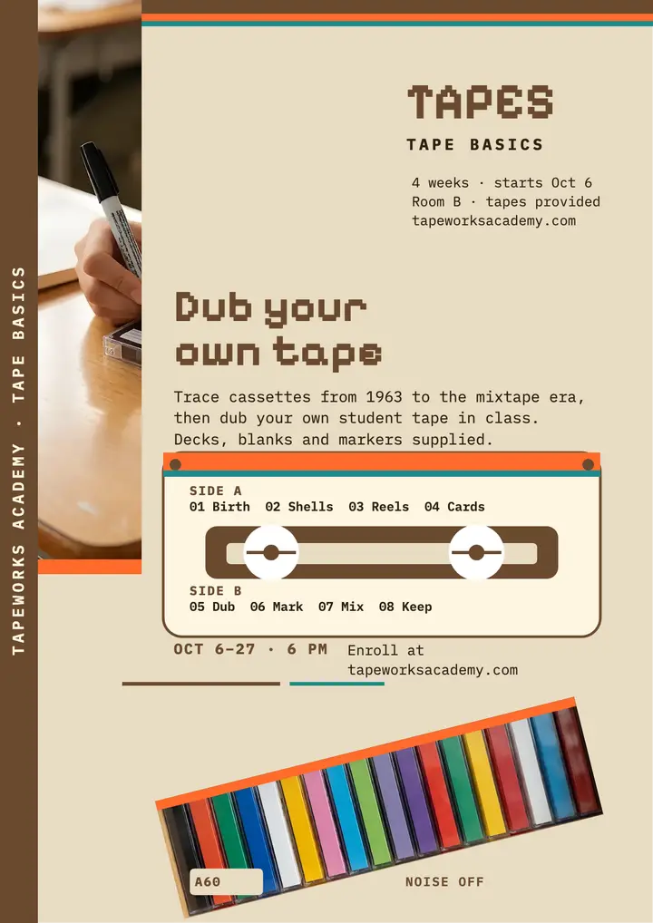 Tapeworks tape history course flyer template