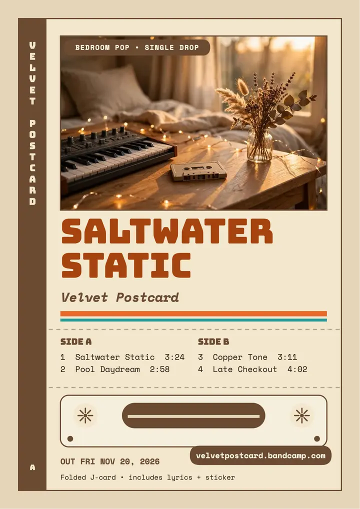 Velvet Postcard cassette single drop flyer template
