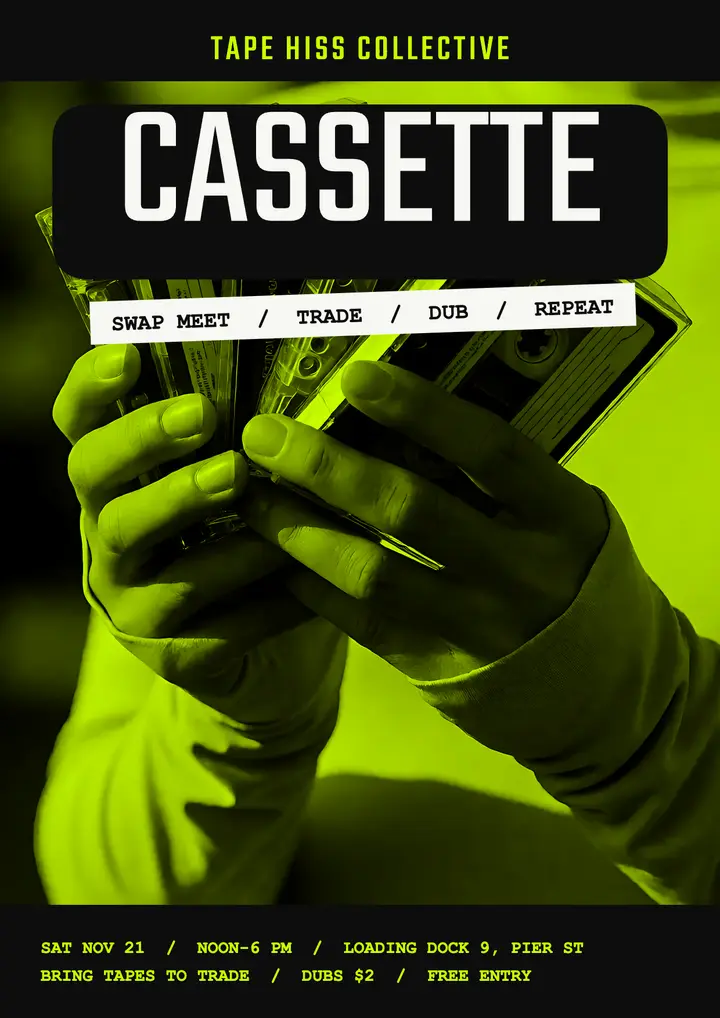 Tape Hiss cassette swap meet flyer, punk photocopy zine: cassette swap meet flyer template