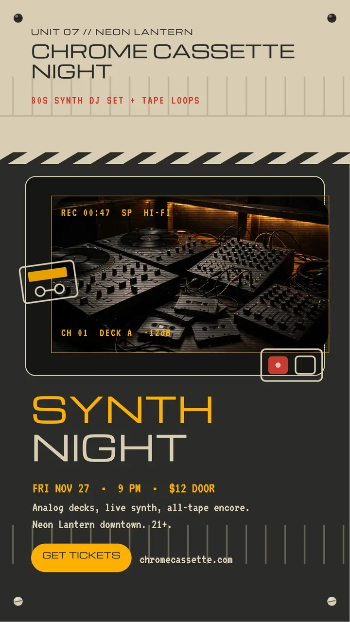 Chrome Cassette synth night story template