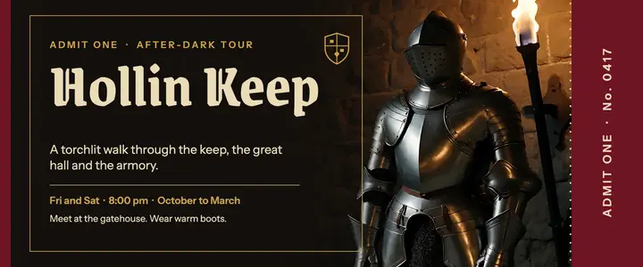Hollin Keep after-dark castle tour ticket, future medieval: castle night tour ticket template