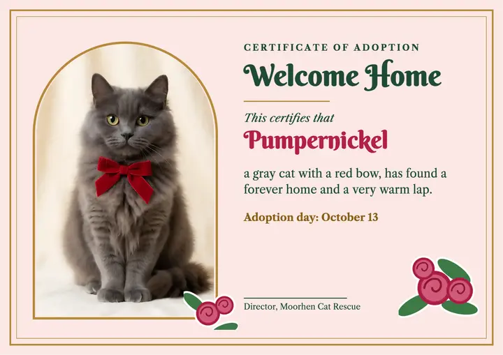 Cat adoption certificate, Victorian scrap template