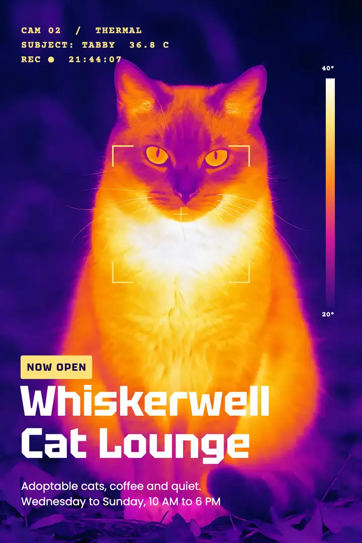 Whiskerwell cat lounge opening poster, thermal heatmap template