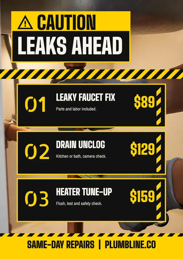 Plumbline Home Repair caution flyer: plumbing repair service flyer template