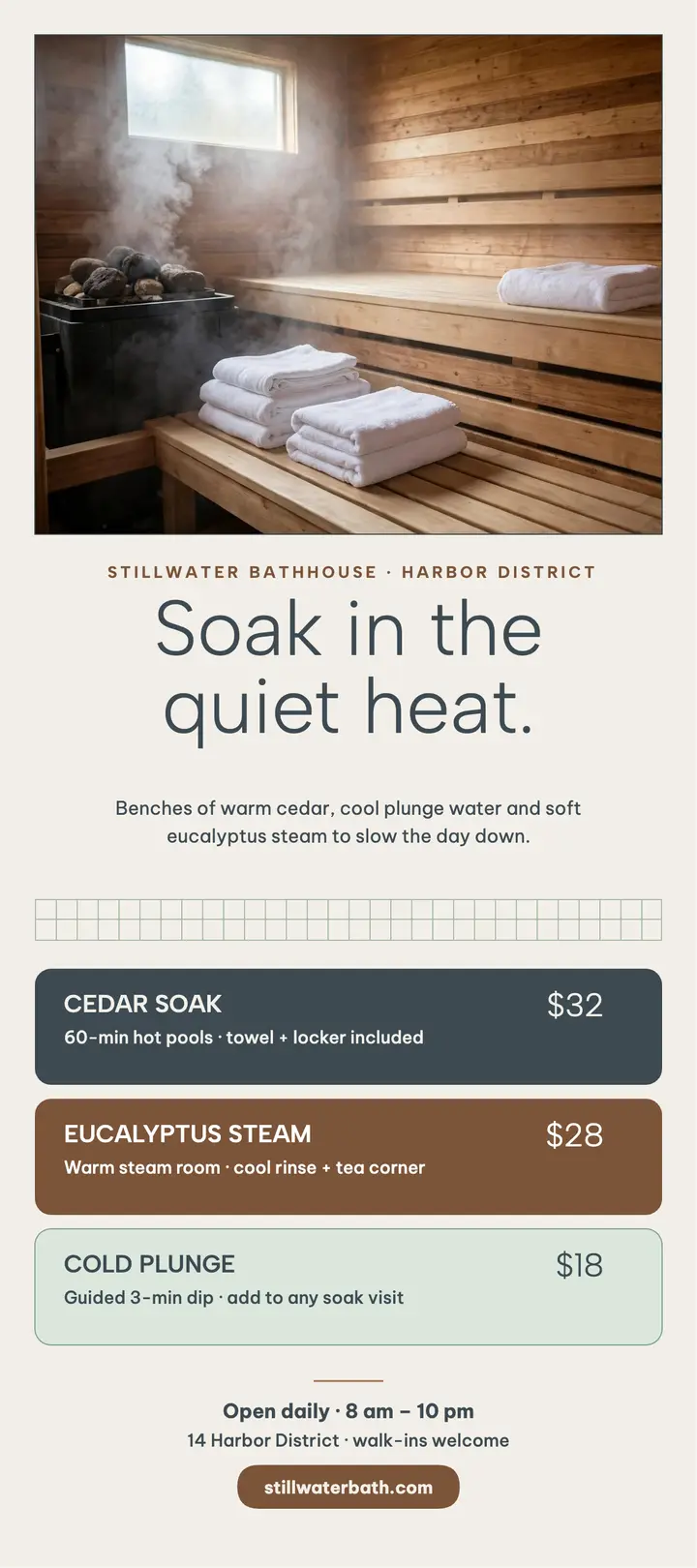 Stillwater Bathhouse soak menu rack card template
