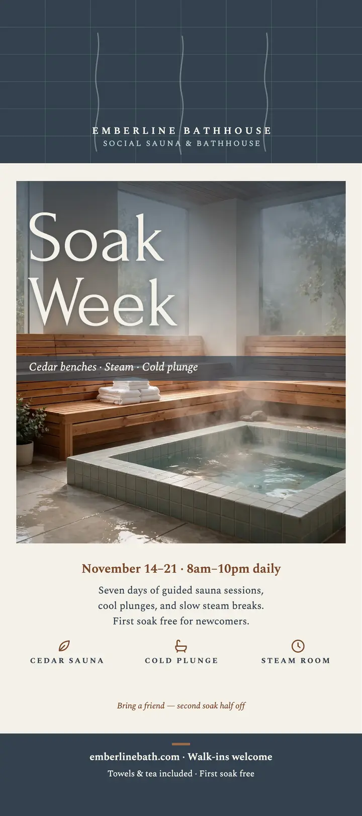 Emberline Bathhouse Soak Week rack card template
