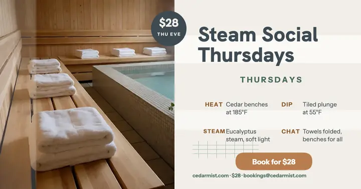 Cedarmist sauna and plunge social night: bathhouse social post template