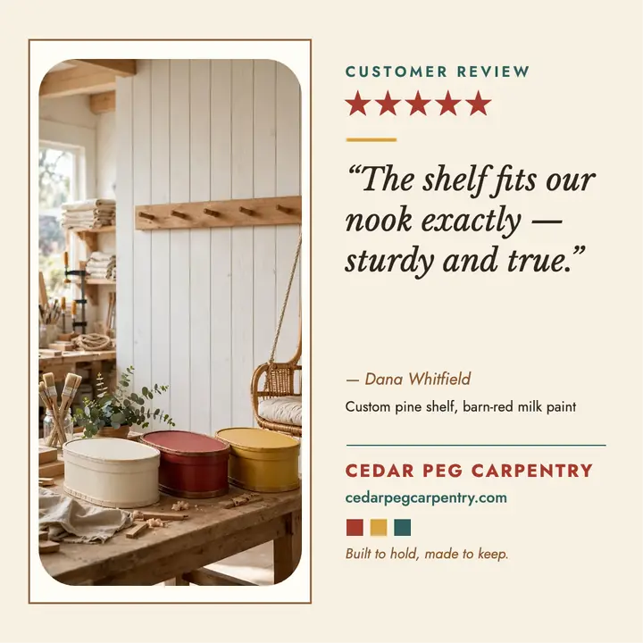 Cedar Peg review card, shelf quote template