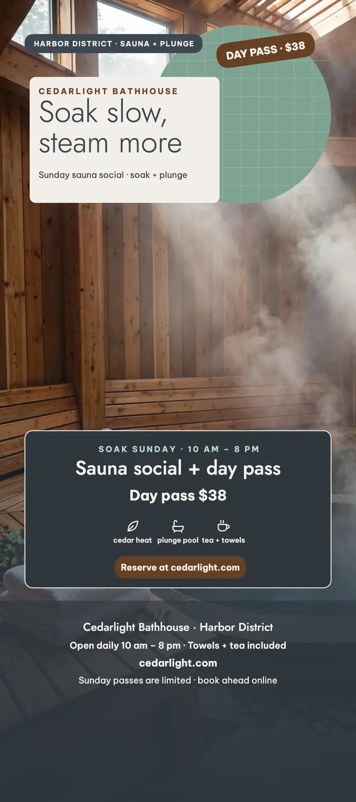 Cedarlight Bathhouse day pass rack card template