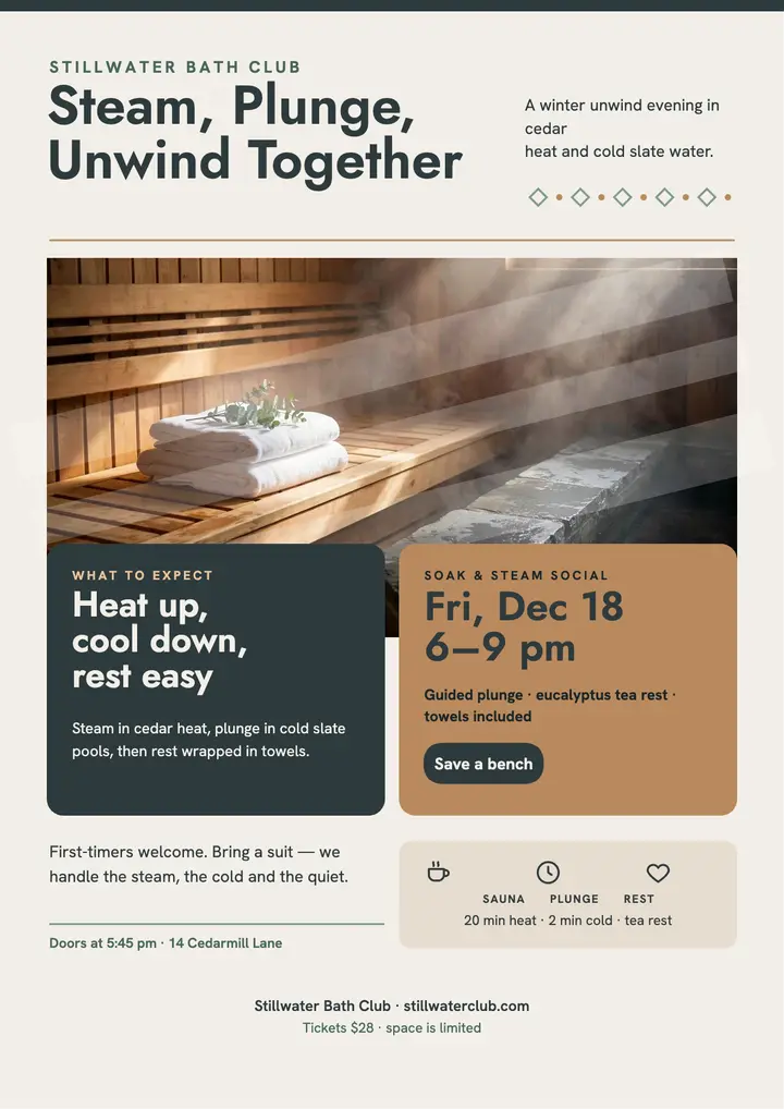Stillwater sauna steam social flyer: sauna social flyer template