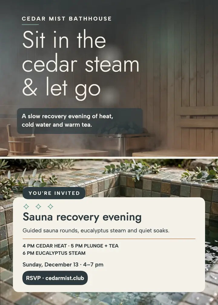 Cedar Mist sauna recovery invitation: sauna recovery invitation template
