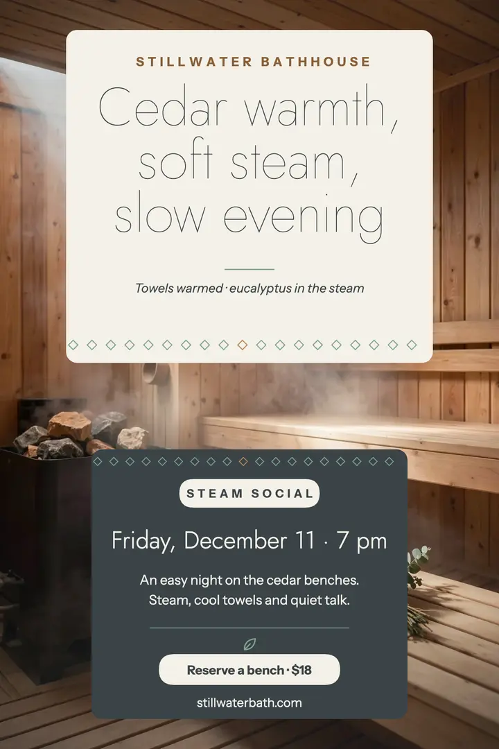 Stillwater cedar sauna steam poster template