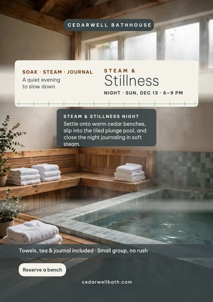 Cedarwell Steam and Stillness night flyer template