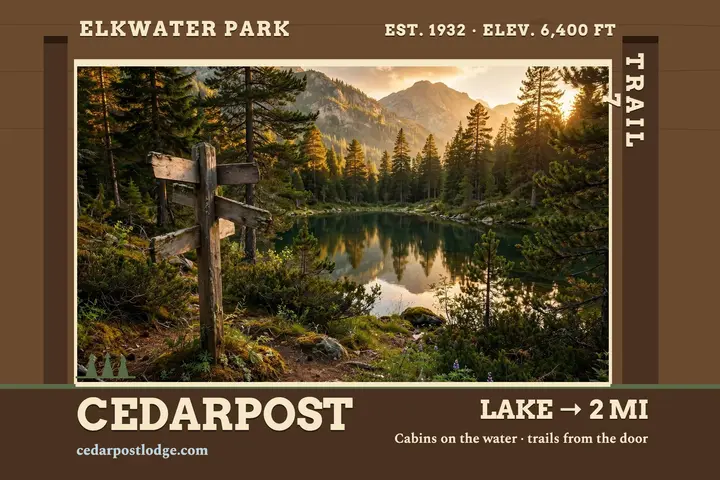 Cedarpost Lodge mountain lake postcard template