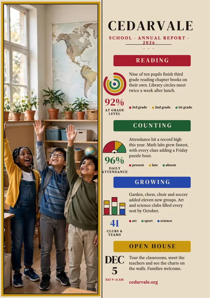 Cedarvale annual report flyer, hand-drawn charts template