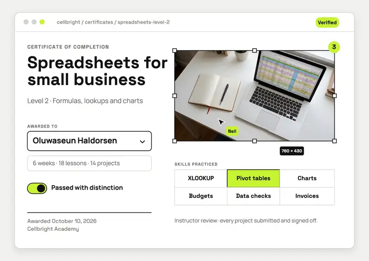 Spreadsheet course completion certificate, app window UI template