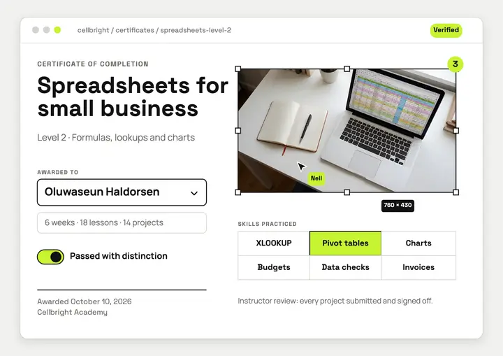 Spreadsheet course completion certificate, app window UI template
