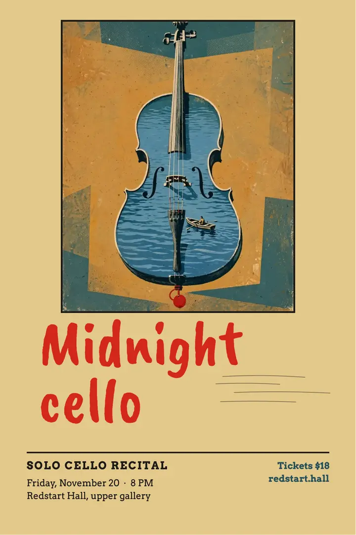 Solo cello recital poster, Polish poster school: cello recital poster template