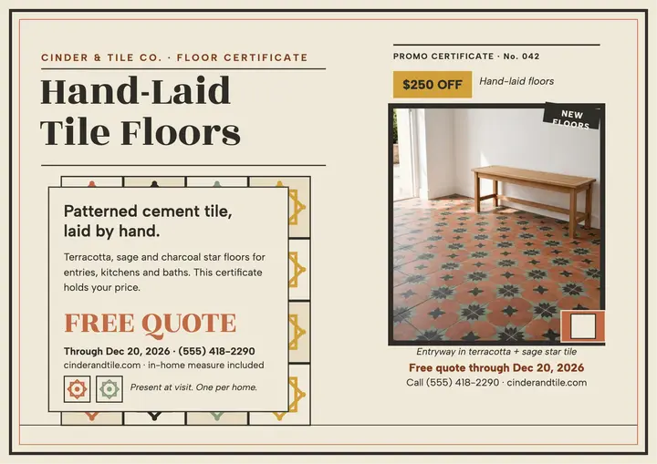 Cinder and Tile hand-laid floors certificate template