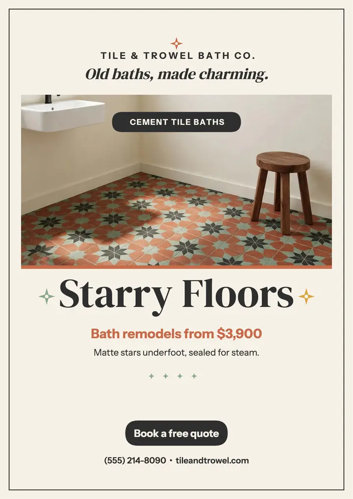 Tile and Trowel starry bath flyer: tile remodel flyer template