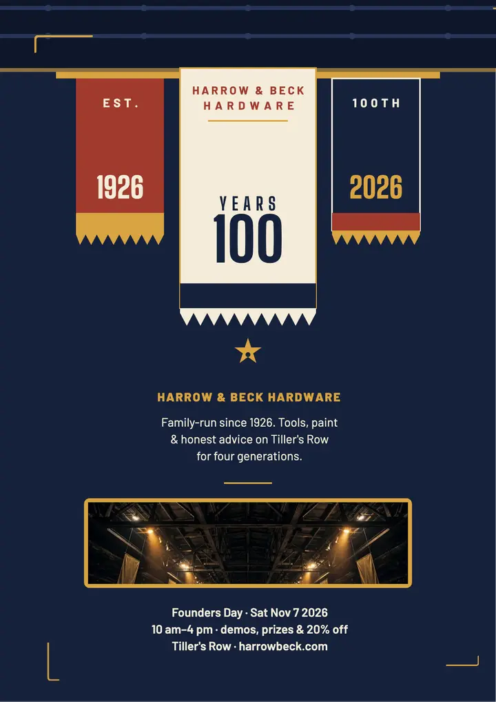 Harrow and Beck 100 years rafter flyer template