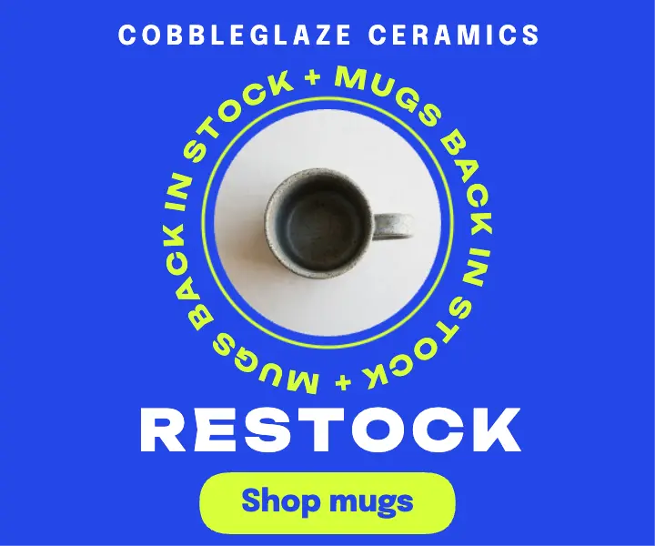 Cobbleglaze Ceramics mug restock ad, orbiting text ring: mug restock display ad template