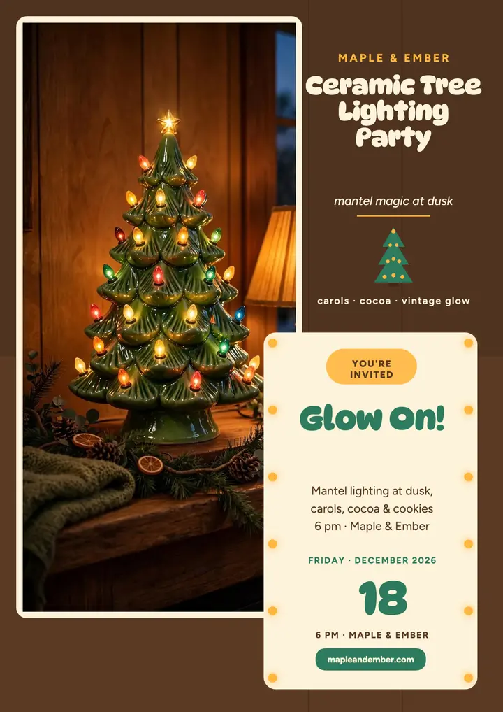 Maple and Ember ceramic tree party flyer: christmas party flyer template