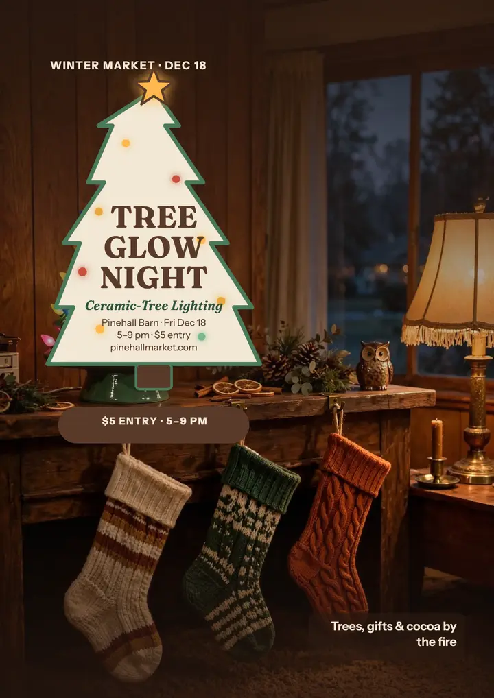 Pinehall Barn tree glow market night flyer: holiday market flyer template