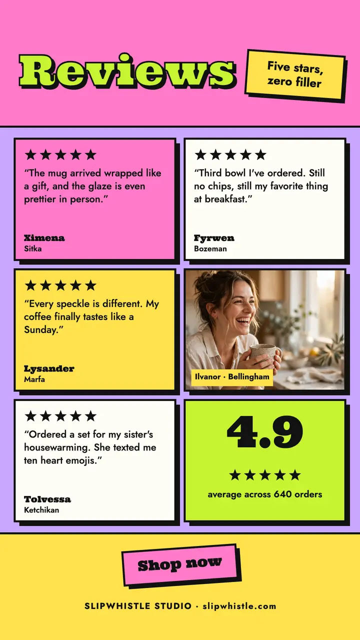 Slipwhistle Studio customer reviews story: customer reviews story template