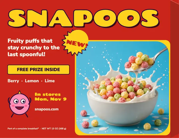Snapoos fruity puffs cereal launch flyer template