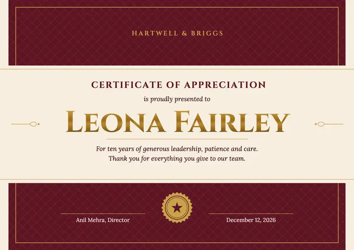 Burgundy appreciation certificate template