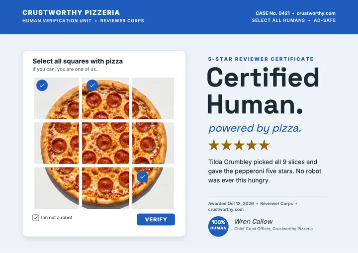 Certified Human pizza reviewer certificate: customer certificate template