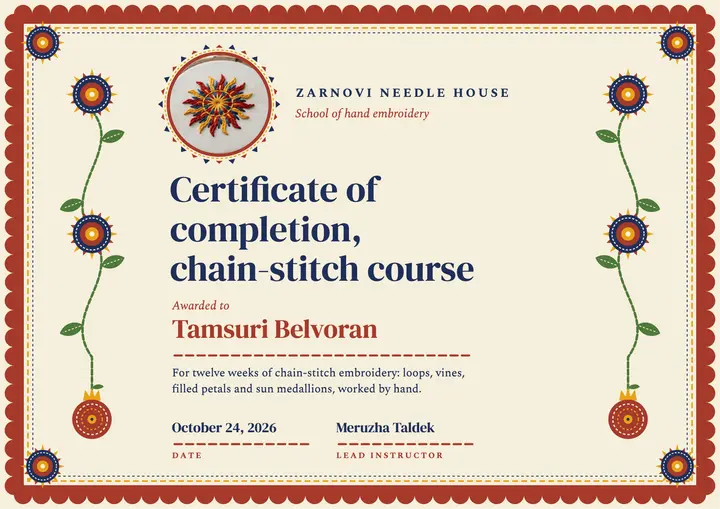 Chain-stitch embroidery course certificate, Suzani medallion template