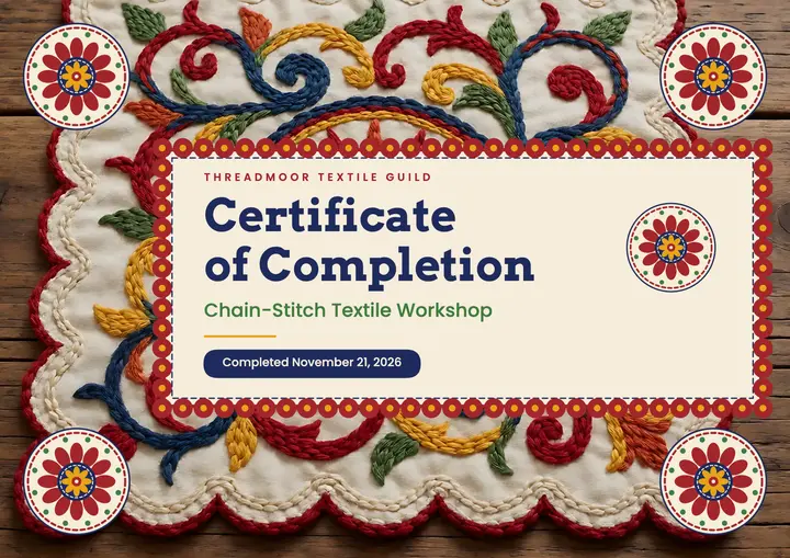 Chain-stitch textile workshop certificate, suzani medallion template
