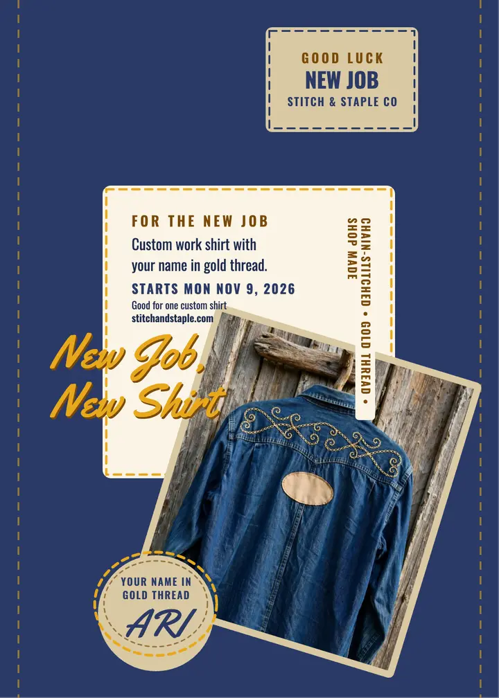 Stitched new job shirt gift card template