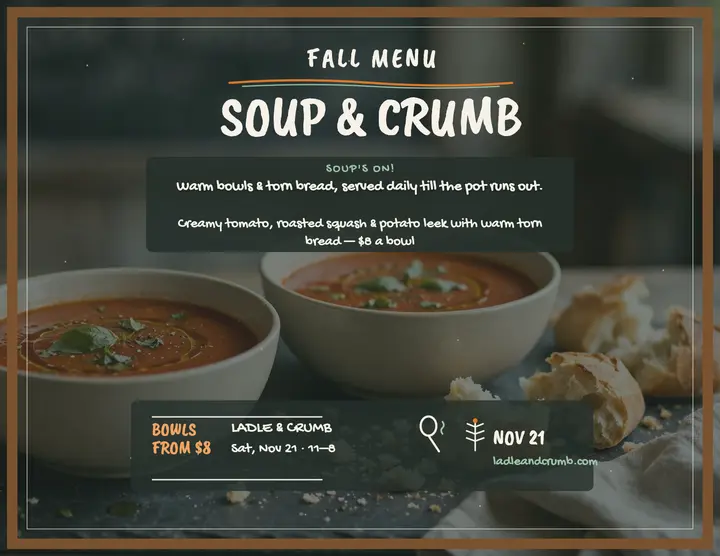 Ladle and Crumb fall soup menu flyer template
