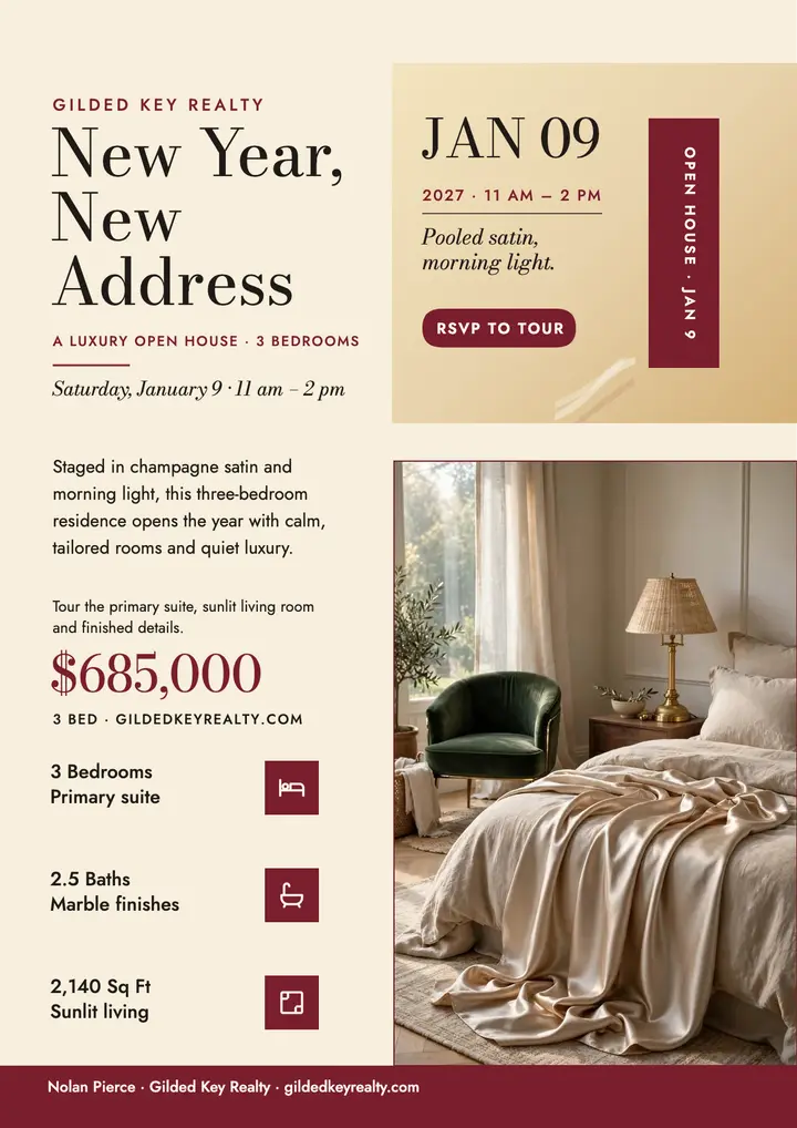 Champagne satin New Year open house flyer template