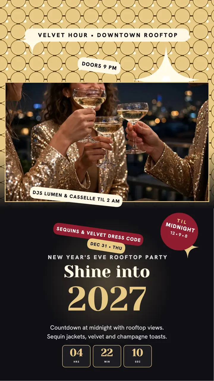 Velvet Hour New Year rooftop sequin story: new year's eve party story template