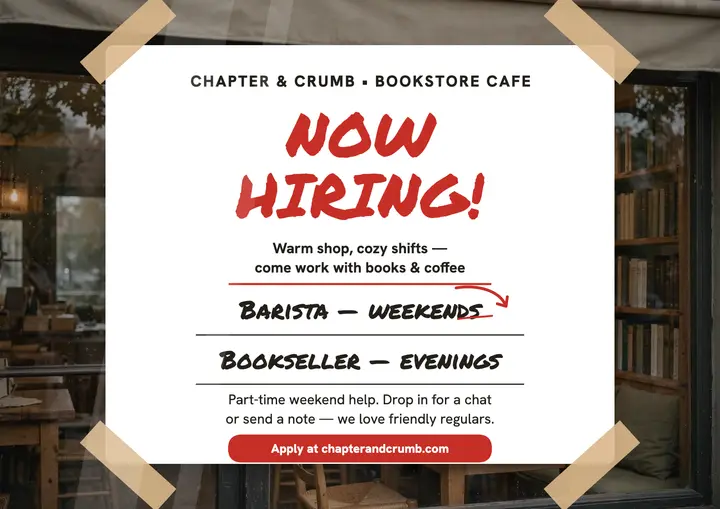 Chapter & Crumb bookstore hiring window card: hiring window card template