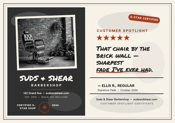 Suds and Shear barber review certificate template