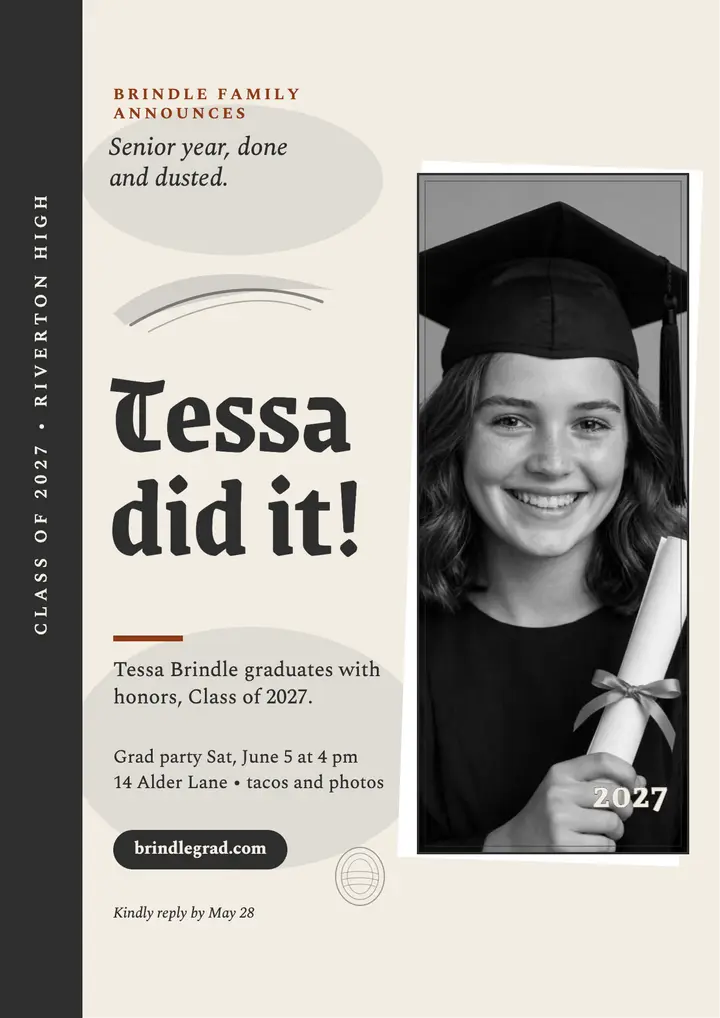 Tessa Brindle charcoal graduation flyer template