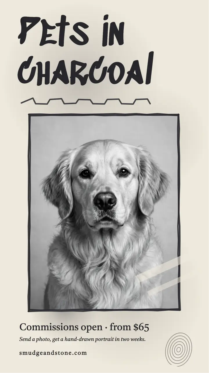Smudge and Stone charcoal pet portraits story: pet portrait commissions story template