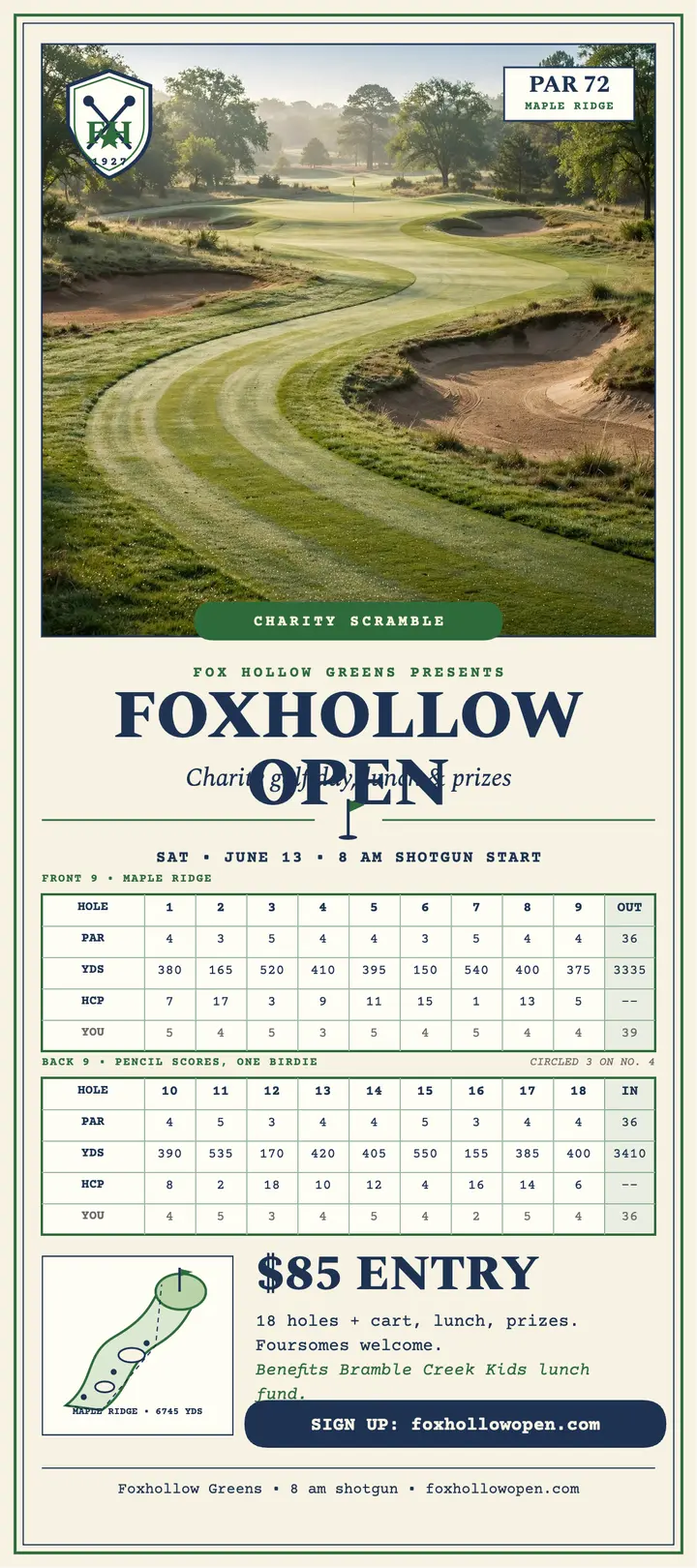 Foxhollow Open charity golf rack card: charity golf day card template