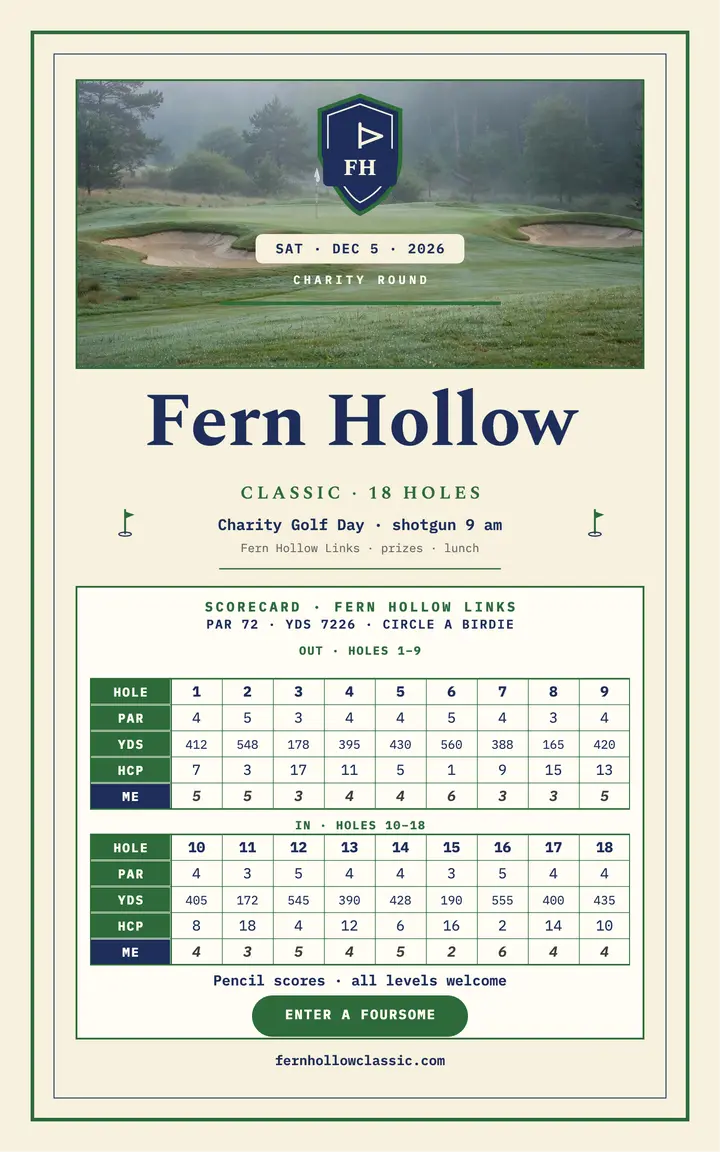 Fern Hollow charity golf scorecard cover template
